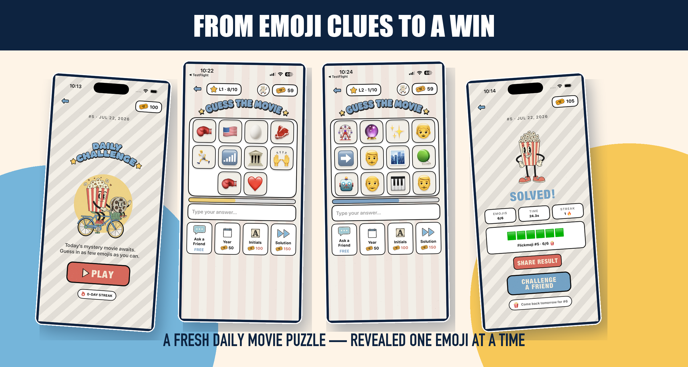 From emoji clues to a win: four phone screens showing the Daily Challenge start screen, two different emoji movie puzzles from the current build, and a solved result with a six-emoji streak.
