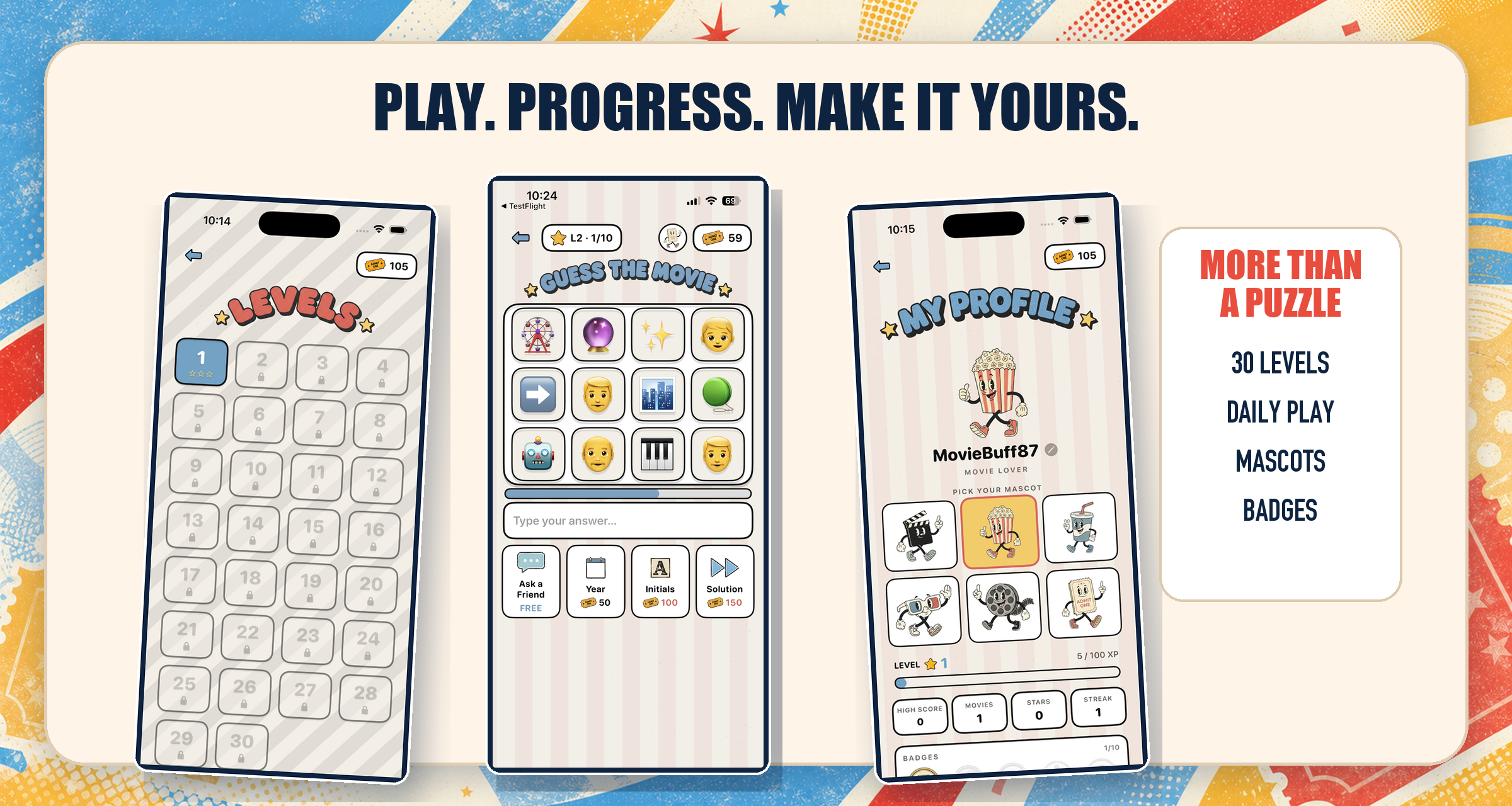 Play, progress, make it yours: phone screens showing the 30-level solo map, an emoji puzzle in progress and the player profile with mascots and badges.