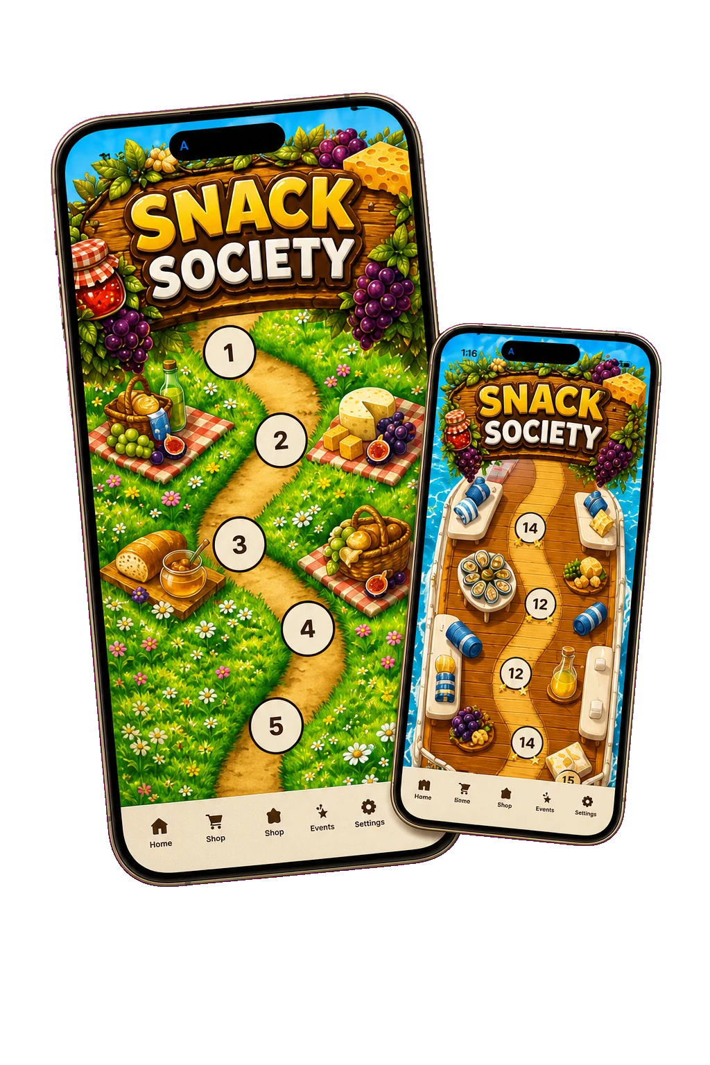 Two phones showing Snack Society gameplay